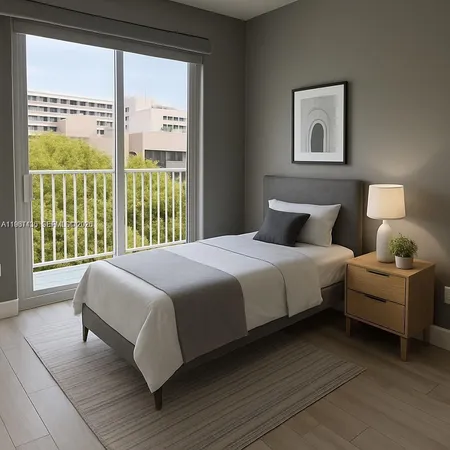 a bedroom with a large bed and a lamp on table