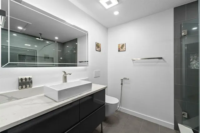 a bathroom with a sink a toilet a mirror and shower