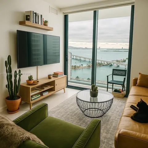 a living room with furniture and a floor to ceiling window