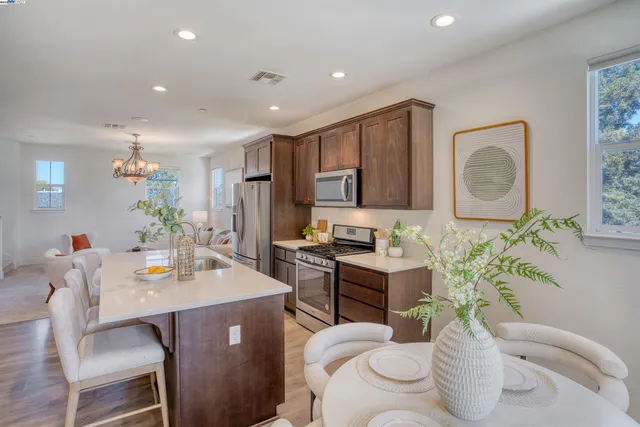 a living room with furniture potted plant and a table