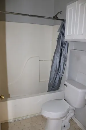 a white toilet sitting next to a bath tub