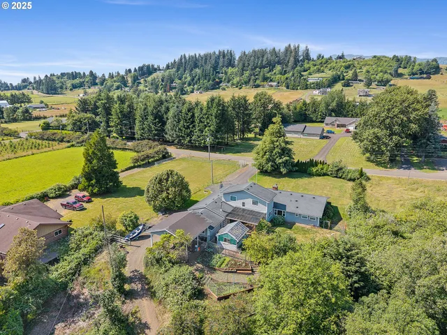 an aerial view of a house with a garden
