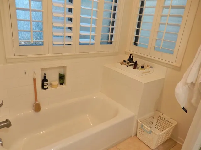 a bathroom with a bathtub
