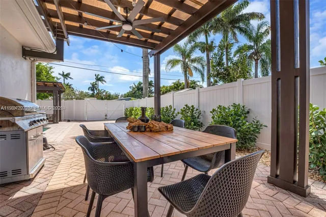 a view of a patio with a table and chairs