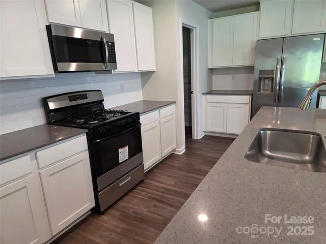 a kitchen with stainless steel appliances granite countertop a sink a stove and a microwave