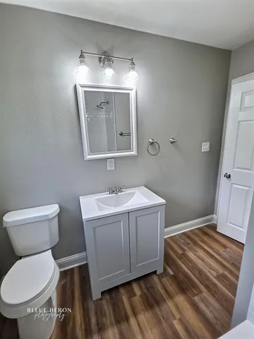 a bathroom with a sink mirror vanity and toilet