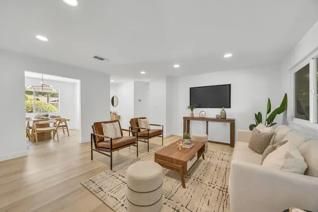 a living room with furniture and a potted plant