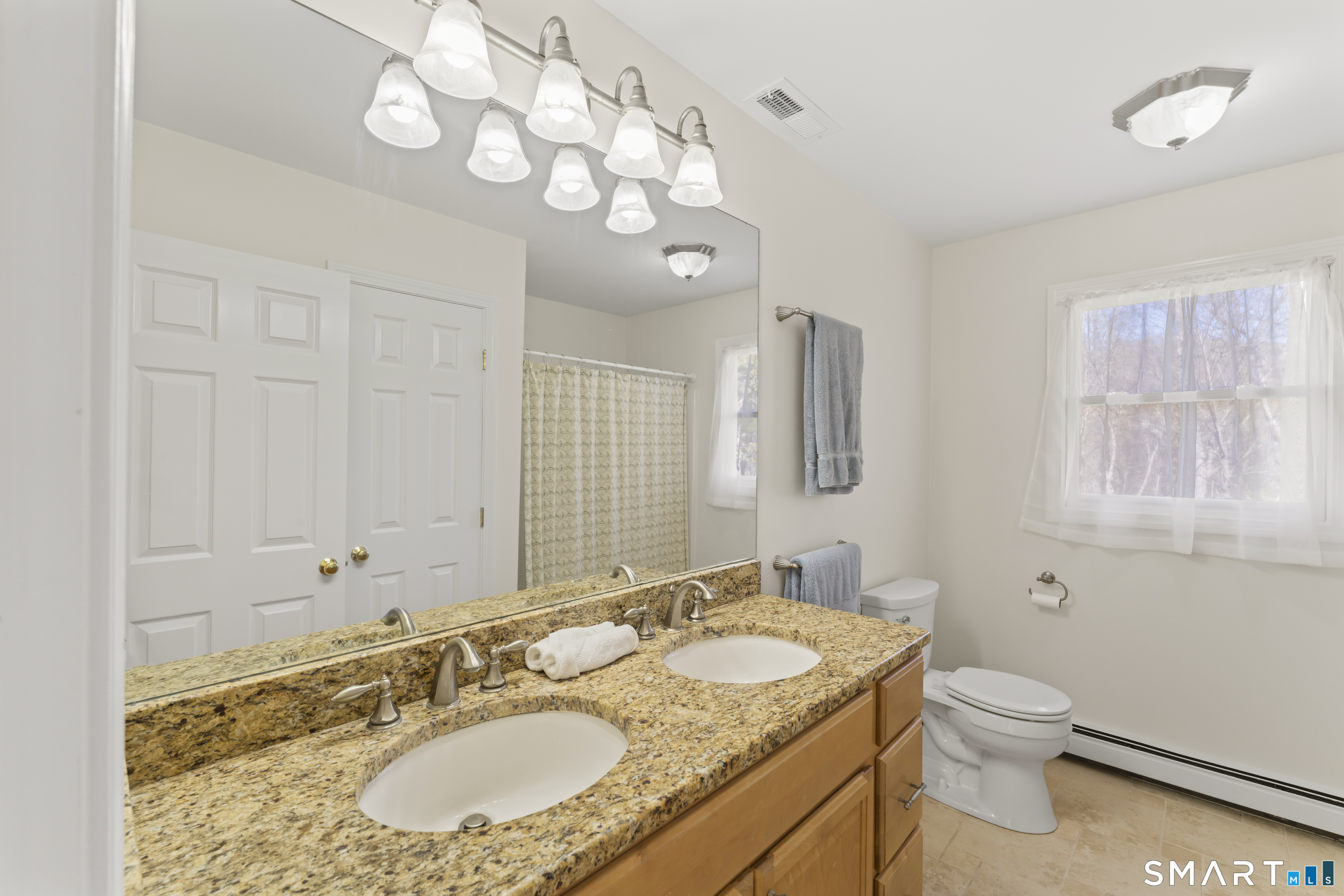5 Beagle Trail Newtown, CT 06482 - Photo 37 of 40 a bathroom with a granite countertop sink a toilet and a mirror