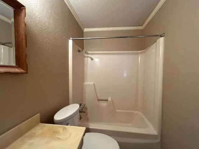 a bathroom with a shower and a toilet