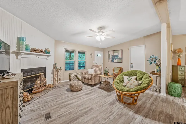 a living room with furniture and a fireplace
