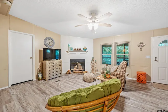 a living room with furniture and a fireplace