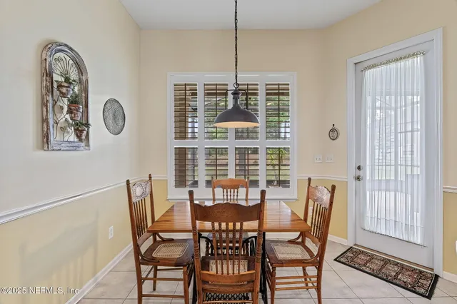 a view of a dining room with furniture window and outside view