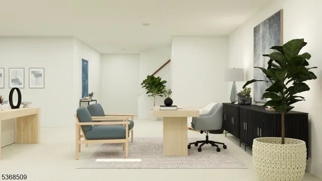 a living room with furniture potted plant and a table