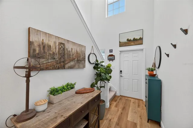 an entryway with wooden floor and a potted plant
