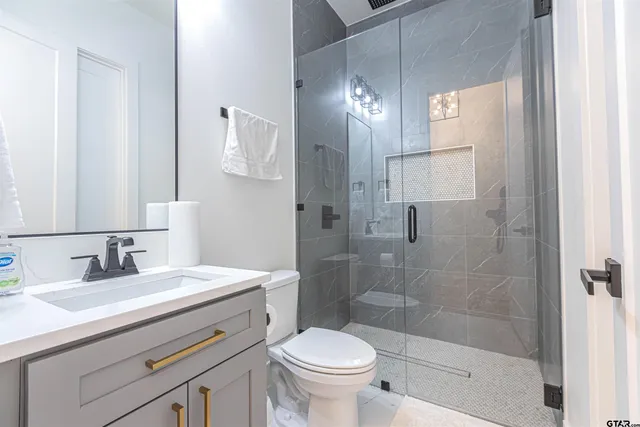 a bathroom with a sink a toilet and a mirror