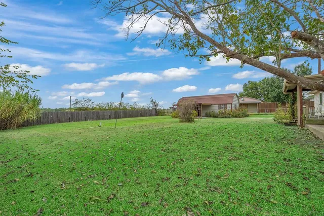 a view of a house with backyard and a tree