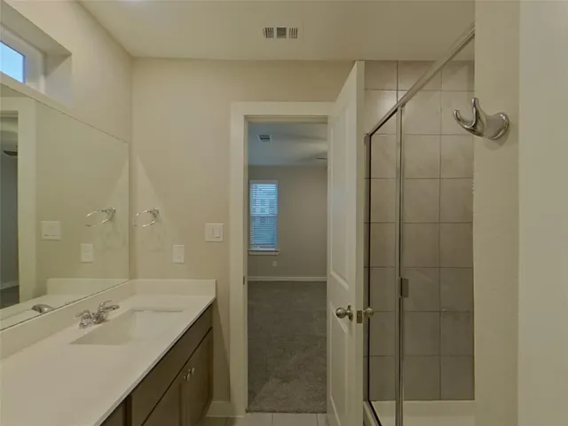a bathroom with a shower sink and mirror