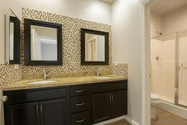 a bathroom with two sink and a mirror