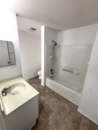 a bathroom with a tub sink vanity and mirror