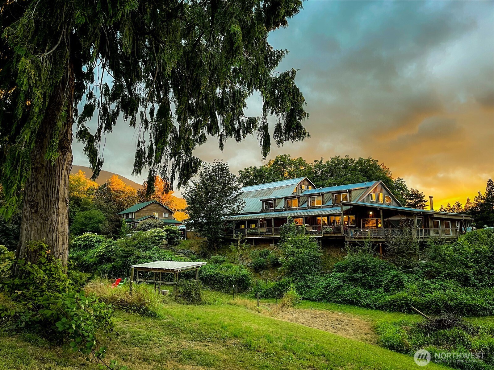 a view of a house with a yard and a tree