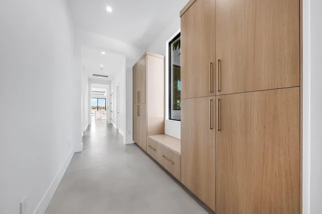 a building exterior with furniture