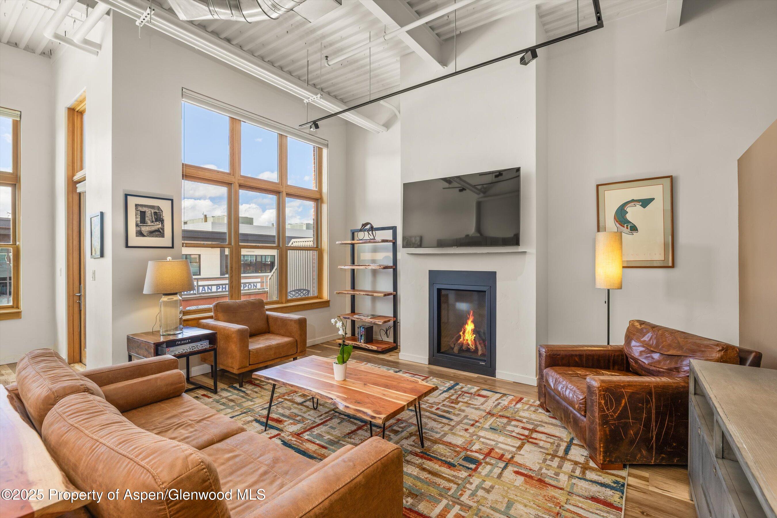 231 Robinson Street, Unit 302 Basalt, CO 81621 - Photo 2 of 17 a living room with furniture a fireplace and a flat screen tv