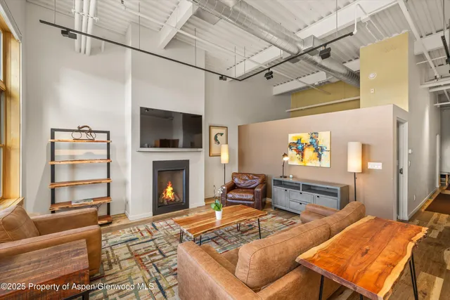 a living room with furniture a flat screen tv and a fireplace