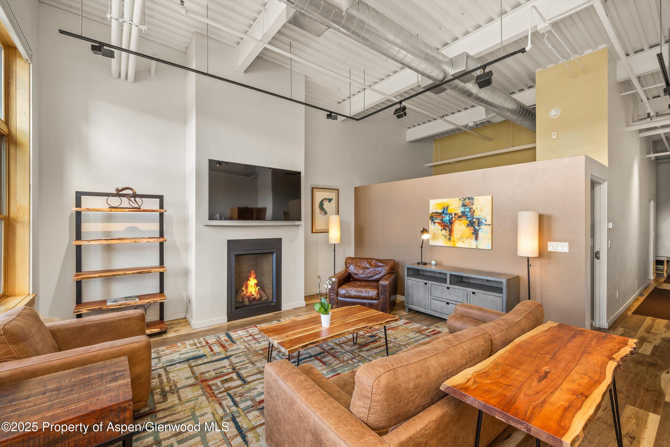 231 Robinson Street, Unit 302 Basalt, CO 81621 - Photo 4 of 17 a living room with furniture a flat screen tv and a fireplace