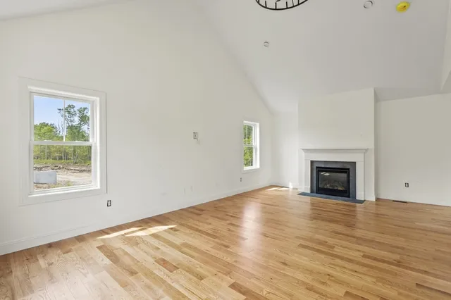 a view of empty room with window and fireplace