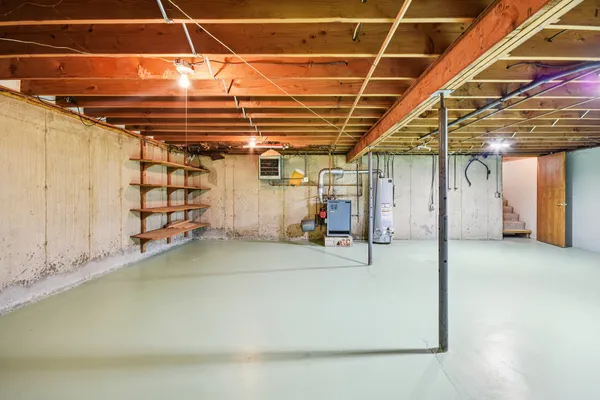a view of a room with wooden walls