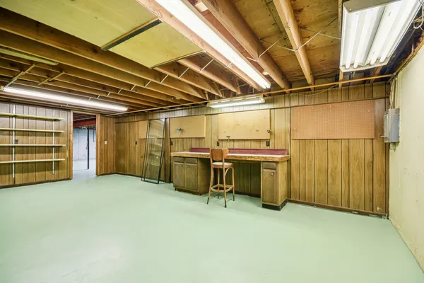 a view of a room with storage and racks
