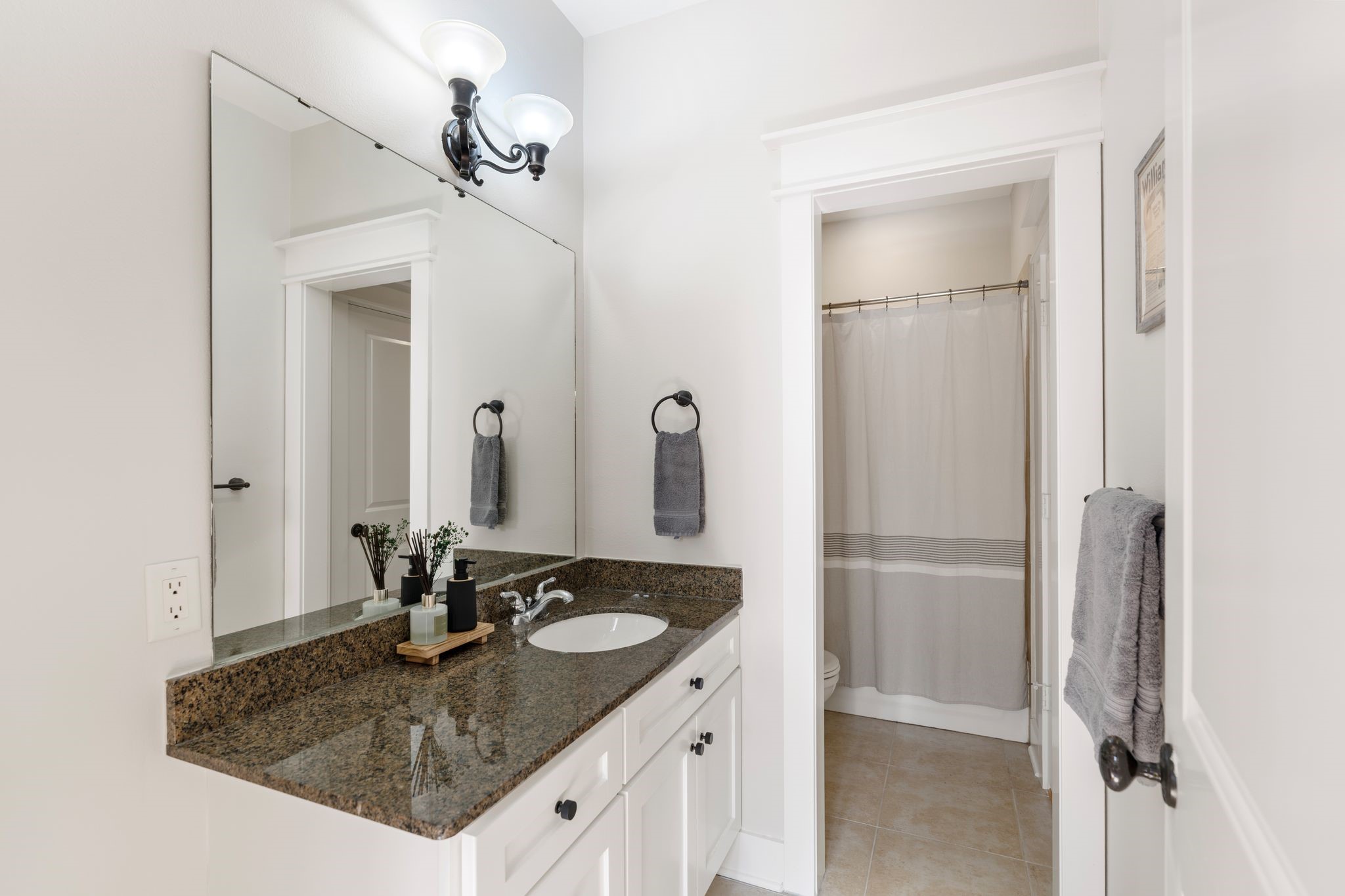 1408 Asbury Street Houston, TX 77007 - Photo 22 of 24 a bathroom with a granite countertop sink a mirror and shower