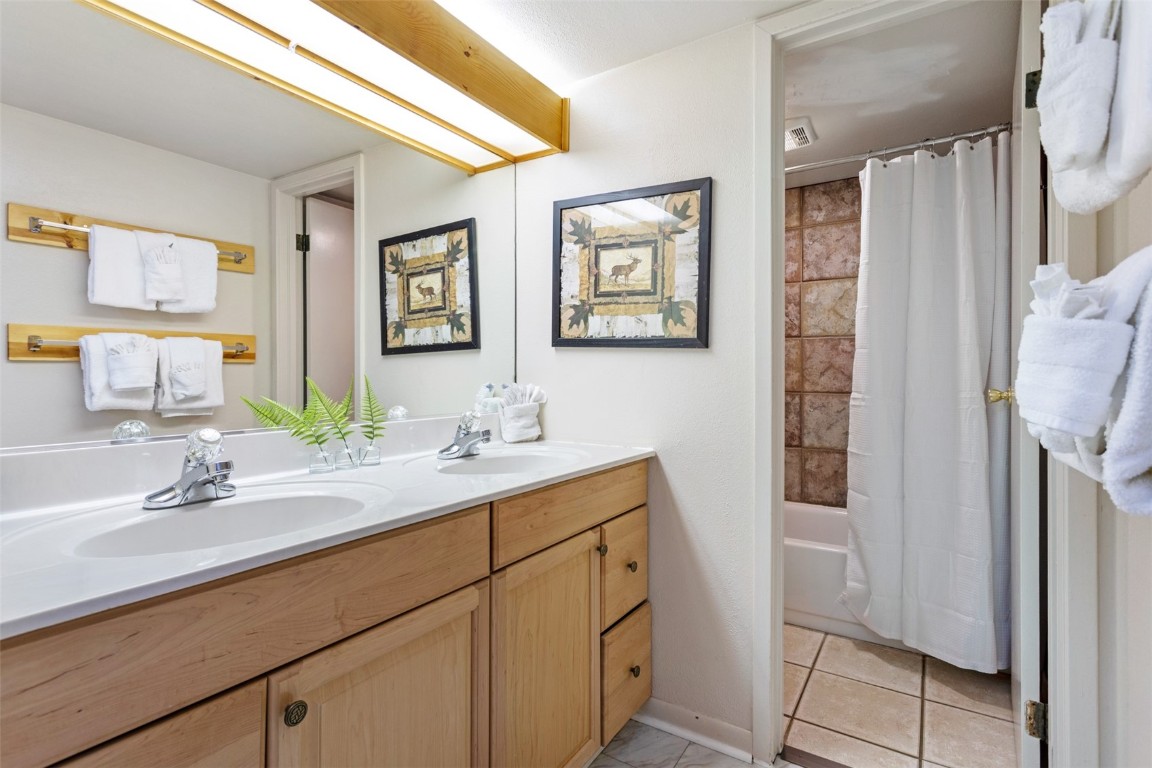 433 Wild Irishman Road, Unit 12101 Keystone, CO 80435 - Photo 12 of 20 a bathroom with a sink a mirror a vanity and a shower