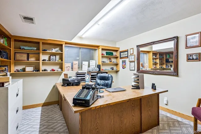 a living room with furniture a rug and a bookshelf