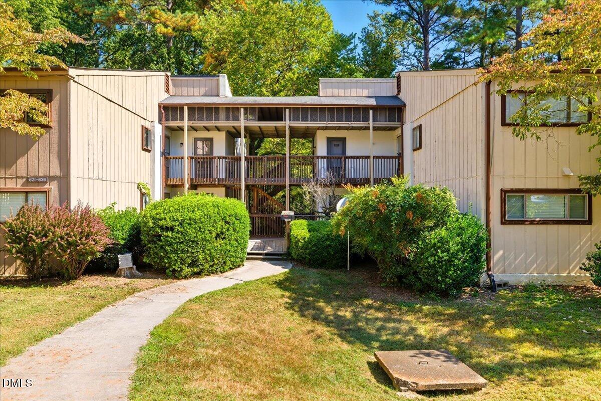 a view of a backyard with plants and large trees