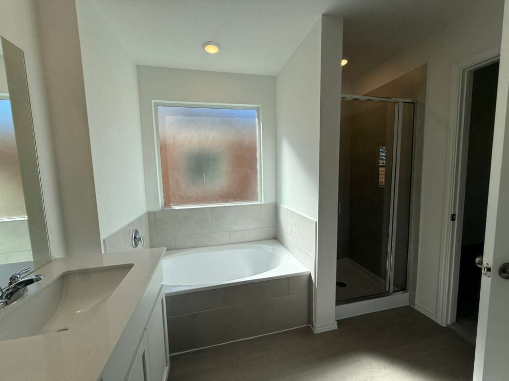 591 Sormonne Loop Kyle, TX 78640 - Photo 27 of 40 a bathroom with a tub sink and mirror