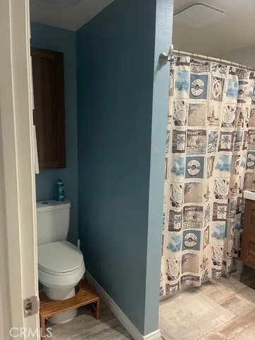 a toilet sitting next to a shower curtain