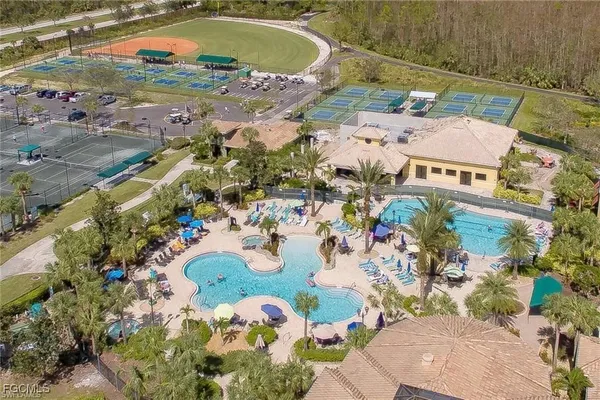 an aerial view of a swimming pool