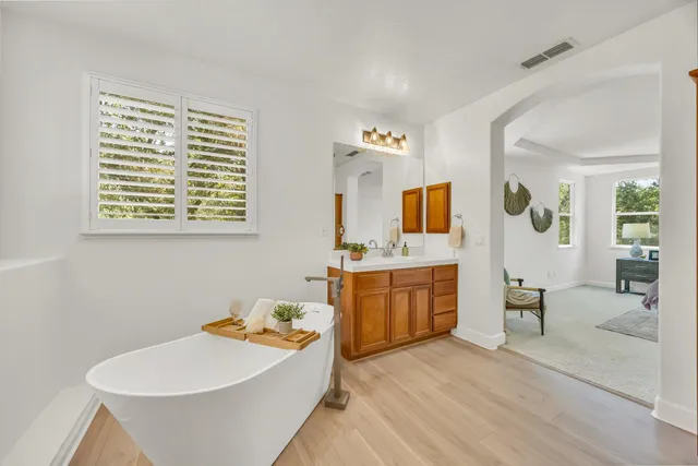 a view of a backyard with large trees