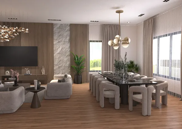 a living room with furniture and potted plant