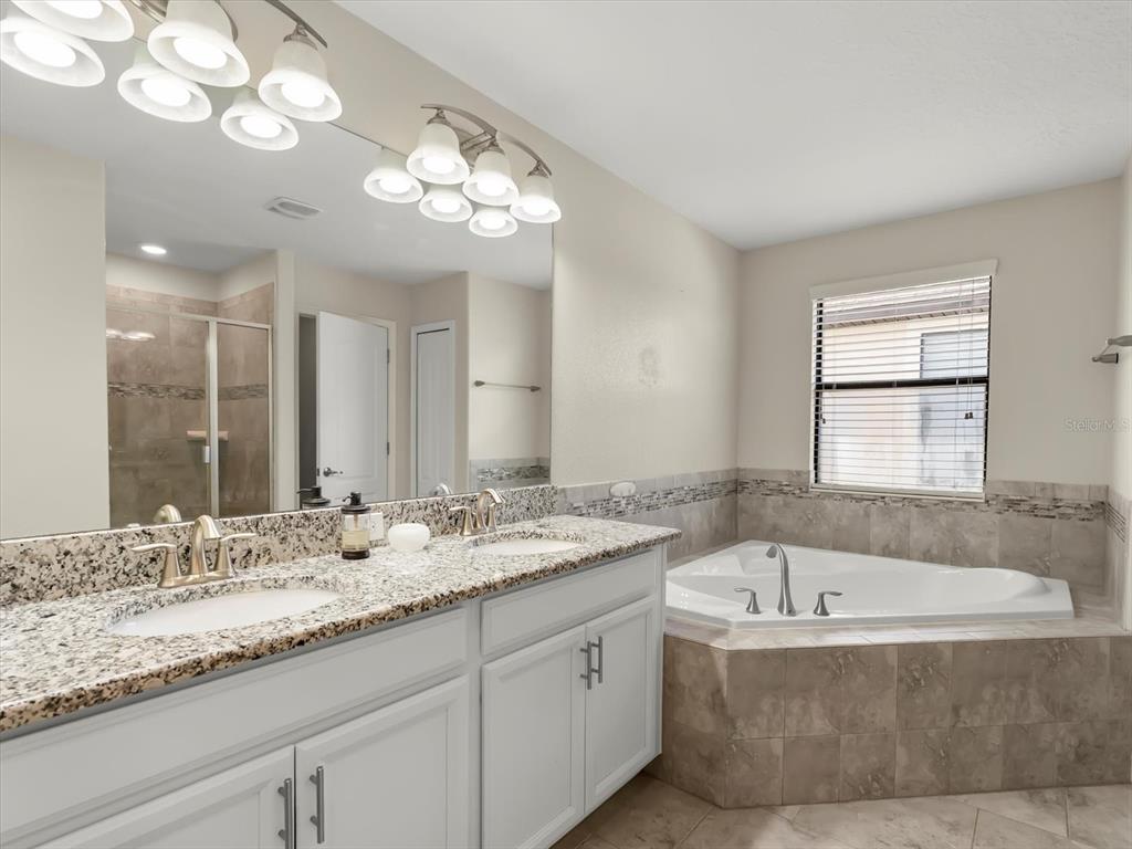 15433 Porter Road Winter Garden, FL 34787 - Photo 25 of 46 a bathroom with a granite countertop bathtub a sink and a large mirror