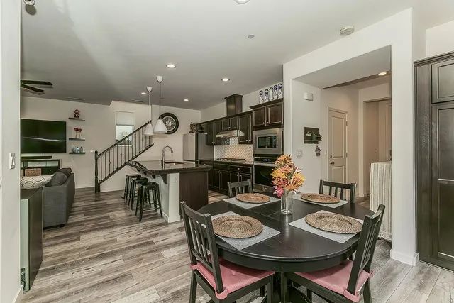 a view of a dining room with furniture