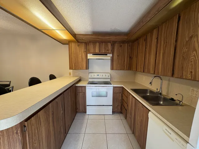 a kitchen with a sink and wooden cabinets