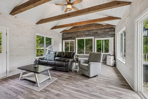a living room with furniture and a potted plant