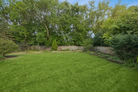 a view of a backyard with plants and a patio