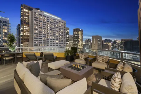 a view of a terrace with seating area