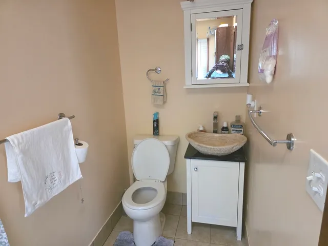 a bathroom with a toilet sink and mirror