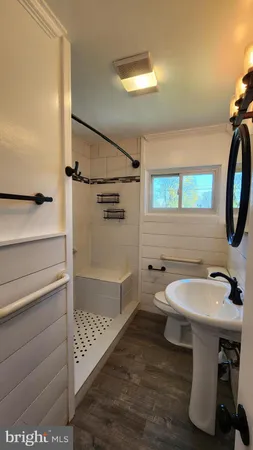 a bathroom with a sink a toilet and shower