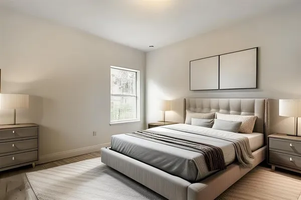 a bedroom with a bed and painting on the wall