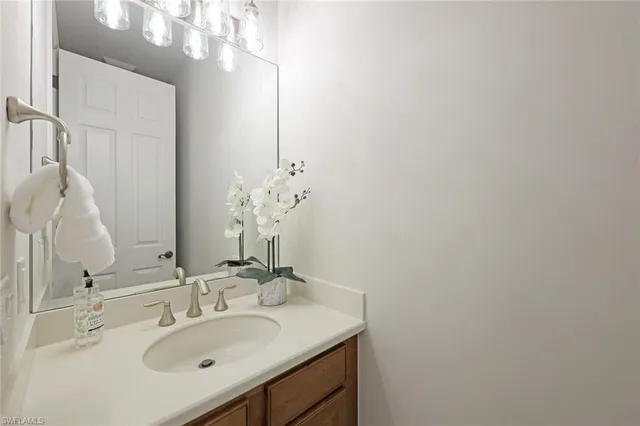 a bathroom with a sink vanity and a mirror